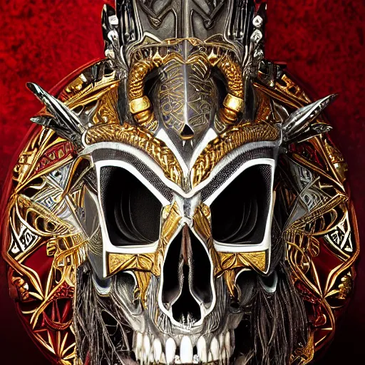 Image similar to portrait closeup of half wolf skull half iroquois warrior skull, dramatic lighting, circural, golden ornaments, symmetric, intricate skeletal decorations, symmetry, highly detailed, concept art, black, glimpse of red, white, gold layers, centered, style of nekroxiii, hyperrealistic, black background, smoke