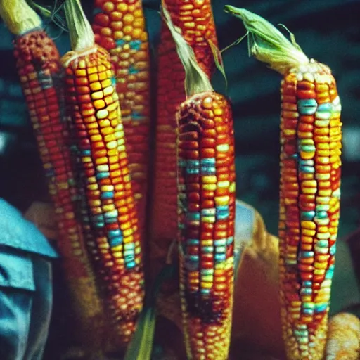 Prompt: neotokyo corn fashion corn gang, corn on the cob, cinestill eastmancolor