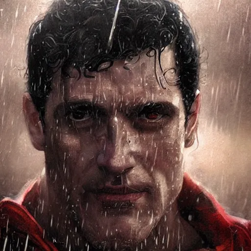 Prompt: a 4 0 year old superman with beard and intense eyes, scarred, wet, raining, close up, rim lighting, portrait, sinister atmospheric lighting. highly detailed painting by greg rutkowski, anime style
