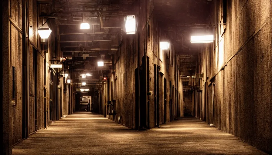 Image similar to hospital alley, dimly lit, intricate details, dramatic light, establishing shot