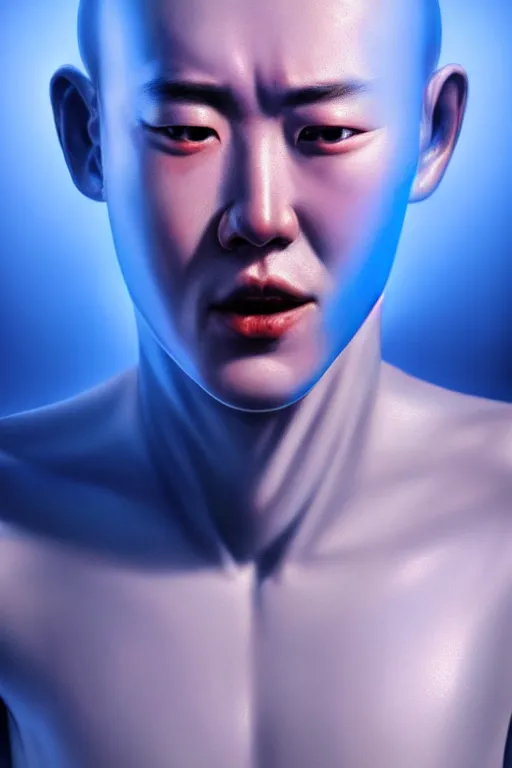 Image similar to hyperrealistic close-up pastel postmodern exoskeleton! chinese man highly detailed concept art eric zener elson peter cinematic hard blue lighting high angle hd 8k sharp shallow depth of field