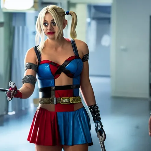 Image similar to A still of Kaley Cuoco as Harley Quinn