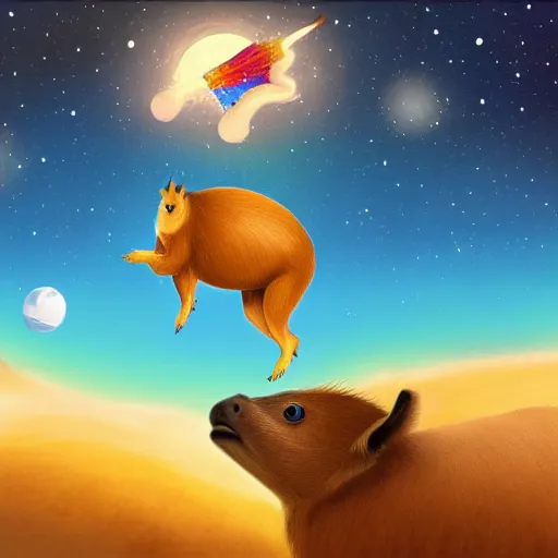 Image similar to digital painting of a boy riding a magical flying capybara in space