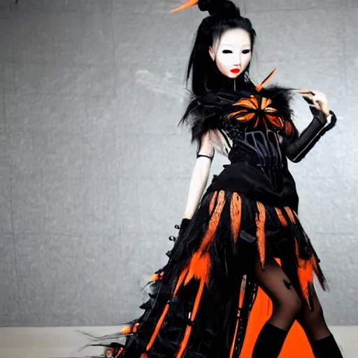 Image similar to a beautiful Chinese female model wearing a cybergothic outfit with black and orange hair