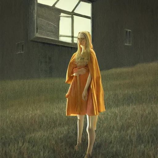Image similar to Elle Fanning in the painted world of iRobot, head and shoulders masterpiece, apocalypse, golden hour, cosmic horror, artstation, in the style of Andrew Wyeth and Edward Hopper and Bosch, extremely detailed