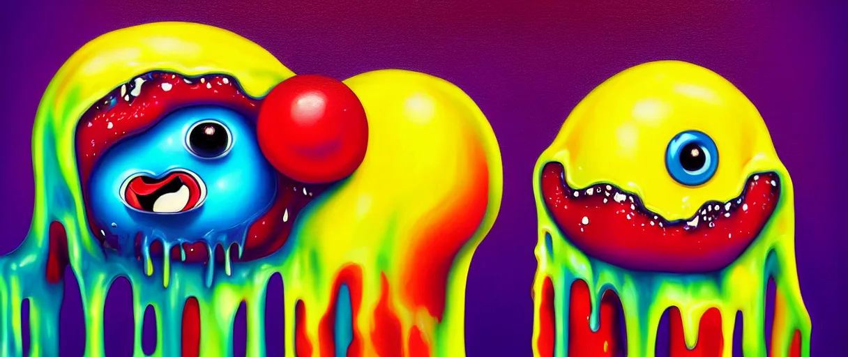 Image similar to hyperrealistic popart supercute droopy melting! multicolored ice cream with eyes jason limon digital painting dramatic yellow lighting high angle hd 8k sharp shallow depth of field