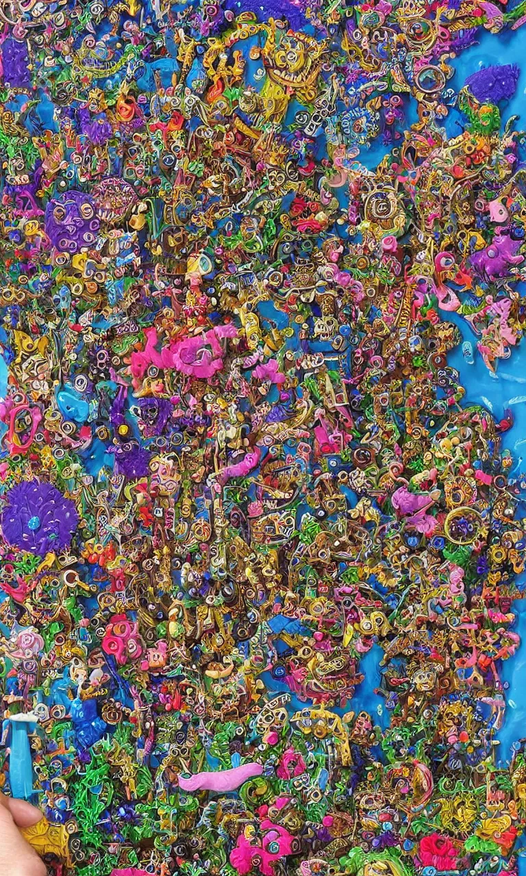 Image similar to an incredibly detailed masterpiece made out of pipecleaners of a I SPY puzzle by bosch and lisa frank, ornate, beautiful, gothic colors, detailed, high resolution, wow!, intricate