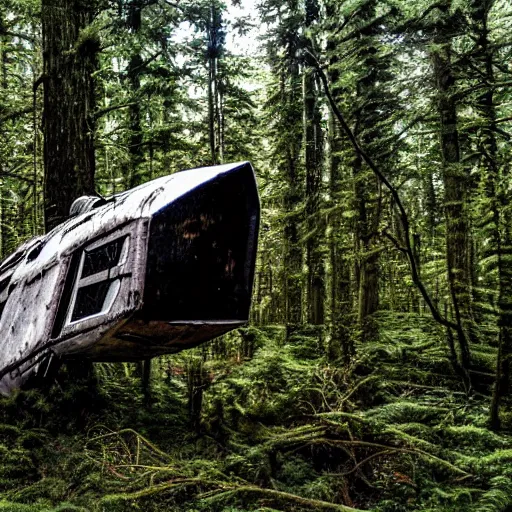 Image similar to derelict spaceship in a Forrest, hyper detailed, overgrown with moss, rusty metal, wildlife, daytime