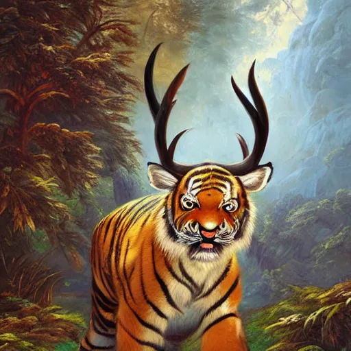 Image similar to tiger - deer creature, oil painting by justin gerard