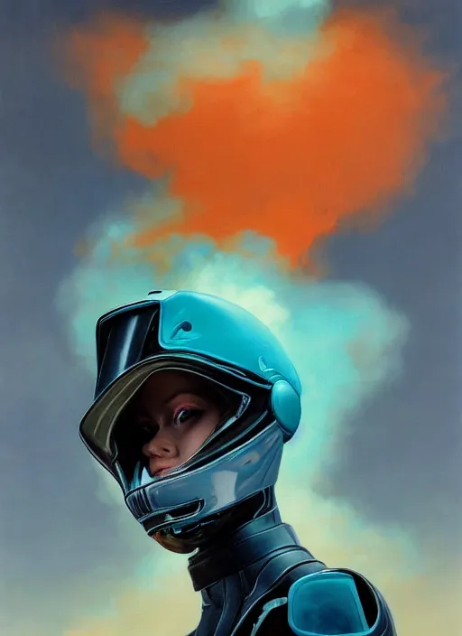 Prompt: symmetry!!! closeup portrait! of a cyborg racer girl, fashion black racing jumpsuit, shoulder pads, in clouds, cinematic light, windy, teal orange, volumetric smoke simulation! by gerald brom, by mikhail vrubel, by peter elson, muted colors, extreme detail, trending on artstation, 8 k