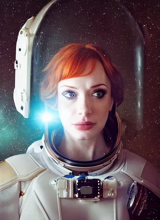 Image similar to upper body photograph portrait of a very pretty!!! christina hendricks in starfield, symmetric face, petzval lens. out of focus, in an astronaut costume. futuristic helmet with neck protection, space station. by alesio albi and george lucas and stanley kubrick