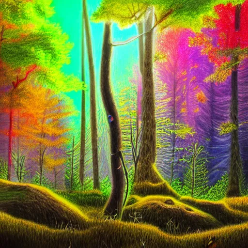 Prompt: Colorful drawing of a single (Strobilomyces strobilaceus) in a forest clearing illuminated by vibrant crepuscular rays, extremely detailed, perfect, HD resolution, 8k, pencil drawing, unbelievable talent, trending on Artstation, award-winning art, whimsical nature drawing