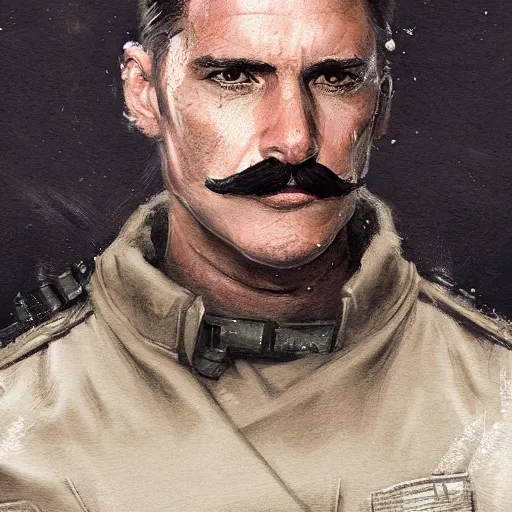 Image similar to portrait of a man by greg rutkowski, british features, short black hair in military style, moustache, perfect military composure, wearing stormtrooper gear, star wars expanded universe, he is about 5 0 years old, highly detailed portrait, digital painting, artstation, concept art, smooth, sharp foccus ilustration, artstation hq