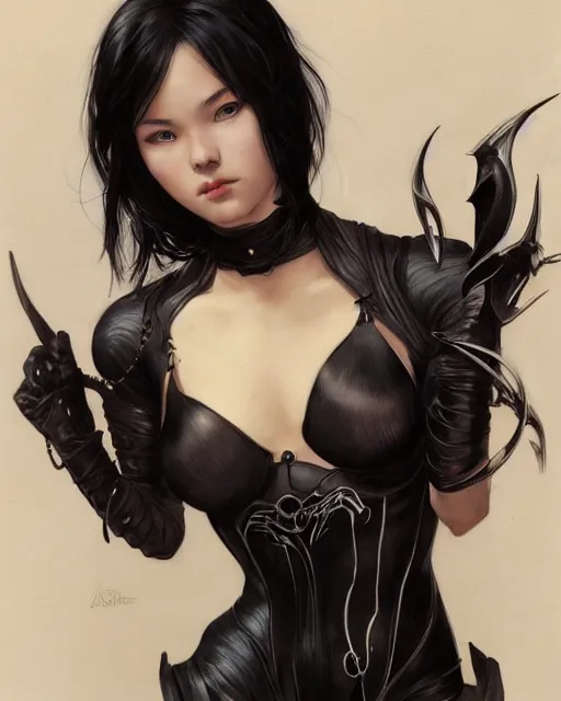 Prompt: portrait of cassandra cain wearing black clothes and bra, attractive, fantasy, intricate, elegant, highly detailed, digital painting, artstation, concept art, smooth, sharp focus, illustration, art by artgerm and h r giger, greg rutkowski and alphonse mucha