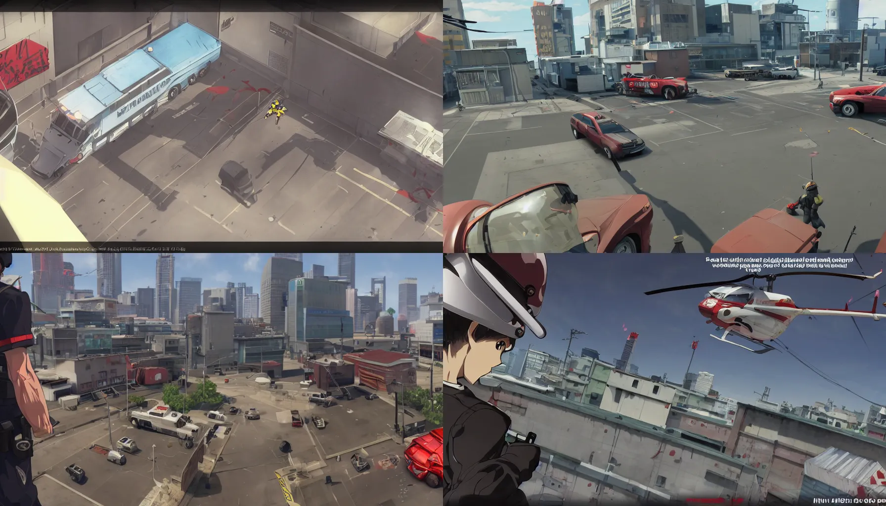 Prompt: a screenshot of a bloody rooftop shootout between Police in a helicopter with searchlight and bank robbers in a multiplayer stealth first person bank robbery simulator game, set in 1998, anime style graphics inspired by Akira + Heat + FLCL, Unreal engine 5, anime bullet vfx, Highly Detailed, Vibrant, created by Arc System Works + Hideo Kojima + Studio Gainax