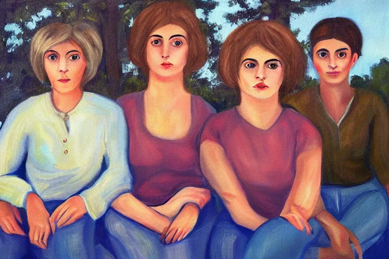 Image similar to beautiful painting of friends, beautiful faces, sitting on the edge, cute, soft light, digital painting by diane arbus