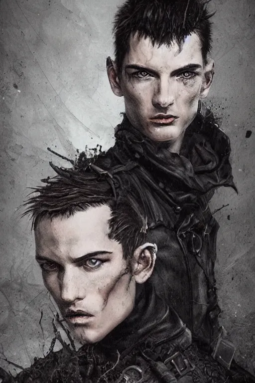 Image similar to a rough looking young man, buzzed hair, gothic, tattered leather coat, intricate, elegant, dramatic lighting, rugged face, highly detailed, lifelike, photorealistic, digital painting, artstation, illustration, concept art, smooth, sharp focus, art by John Collier and Albert Aublet and Krenz Cushart and Artem Demura and Alphonse Mucha