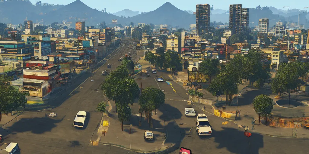 Prompt: guatemala city if it was a game like grand theft auto v with player view perspective, hud, with realistic visuals and award winning gameplay