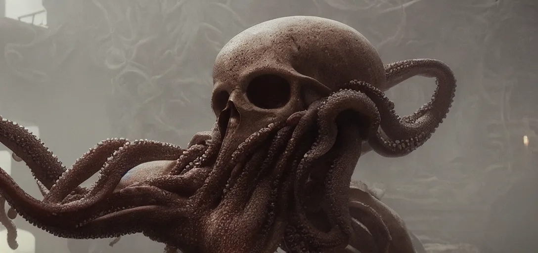 Image similar to an octopus in the shape of a skull, foggy, cinematic shot, photo still from movie by denis villeneuve, wayne barlowe