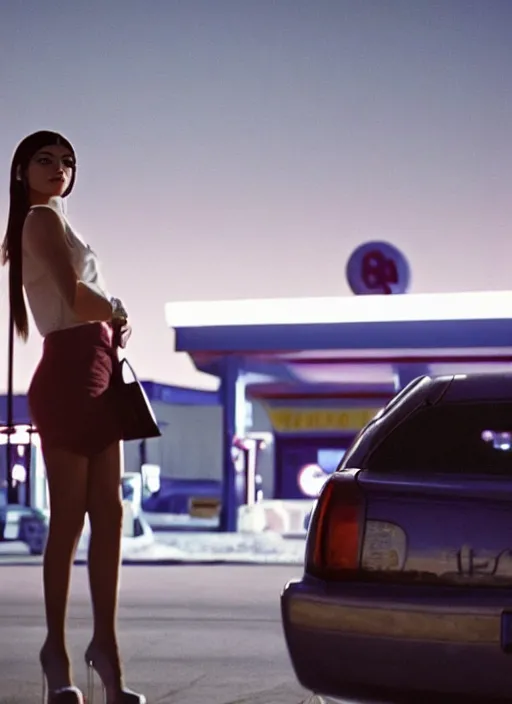 Image similar to a pov, color cinema film still of kylie jenner at a gas station, ambient lighting at night, from better call saul ( 1 9 9 9 ).