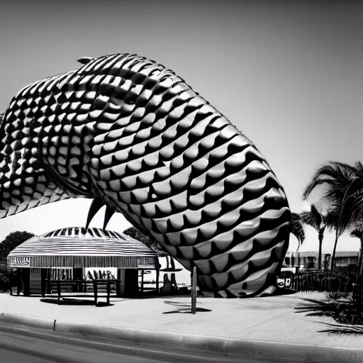 Prompt: 1 9 8 5 crab themed giant aquarium, googie architecture, one point perspective, americana, fishcore, exterior photography, hd 8 k, taken by ansel adams