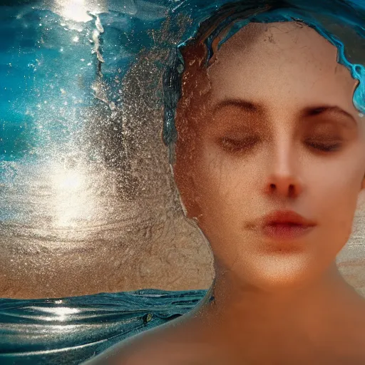 Image similar to water artwork manipulation in the shape of a human head on the ocean, ray tracing, realistic water sharp focus, long shot, 8 k resolution, cinematic