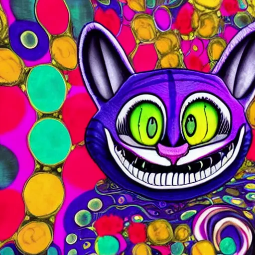 Prompt: psychedelic, photorealistic, colorfully cheshire cat in a maximalist style on a background that fades to black