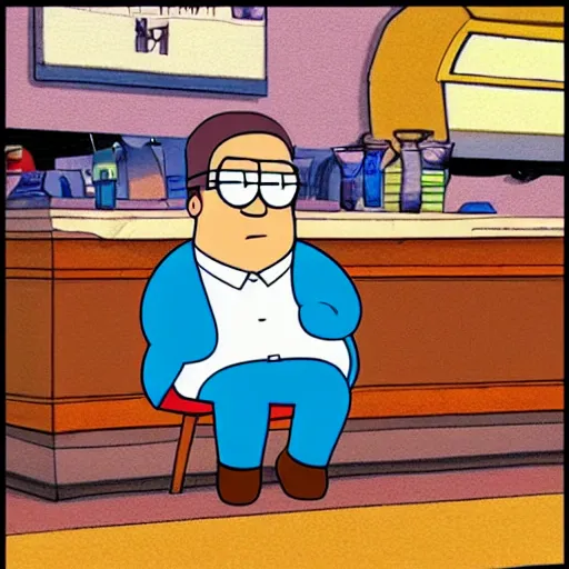 Image similar to Peter Griffin wearing Lois outfit sitting in a bar, lonely, looking sad, trending on artstation