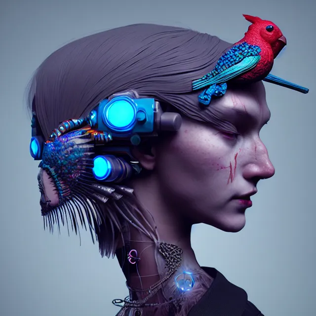 Prompt: a woman with a bird on her head, cyberpunk art, cgsociety, psychedelic art, biomorphic, zbrush, behance hd, octane, cgsociety, houdini, 8 k, highly detailed, intricate