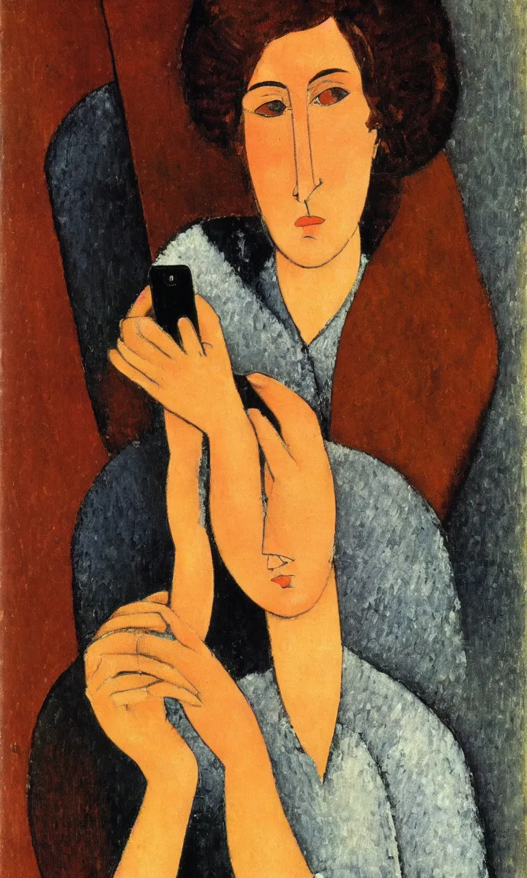 Image similar to amedeo modigliani. close up portrait of a woman with brown hair and a blue rollneck sweather holding an iphone in her hand. very soft brush.