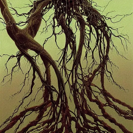 Prompt: ward - winning painting of pitch black, tar - like, shadow roots with lots of tendrils spreading everywhere, intricate detail, deep black roots, infestation, shadowy, lovecraftian, beksinski