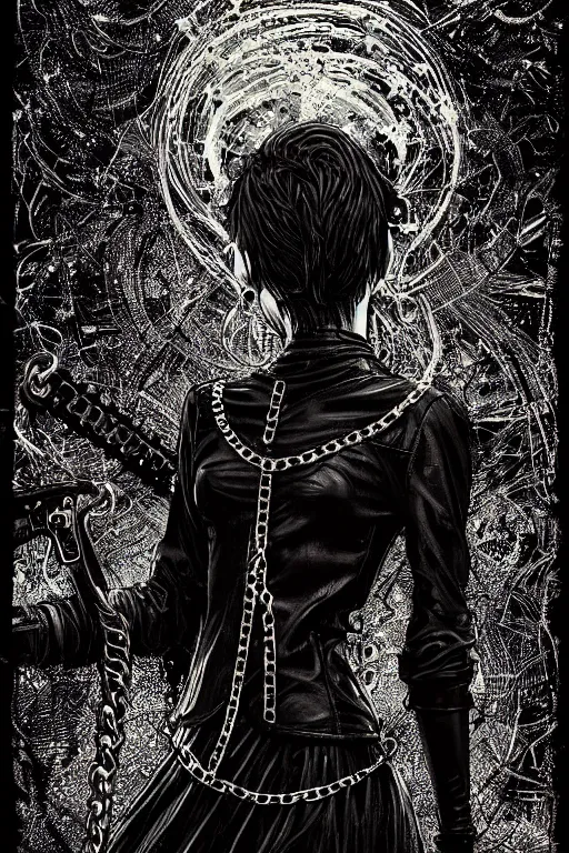 Prompt: dreamy gothic girl, black leather slim clothes, chains, chainsaw, beautiful slim body, detailed acrylic, grunge, intricate complexity, by dan mumford and by alberto giacometti, peter lindbergh