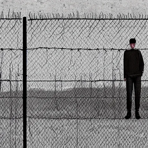 Image similar to a matte painting of a a man standing in front of a wire fence by emiliano ponzi