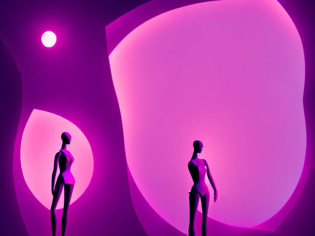 Prompt: beautiful mannequin sculpted out of amethyst by billelis + lit with 3 d geometric neon + facing a doorway opening with neon pink geometric fractal light + city of los angeles + moon in background!, rule of thirds, clean linework, dramatic, award winning, 4 k, trending on artstation, photorealistic, volumetric lighting, octane render