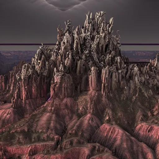 Prompt: dark gothic palace, gothic palace made, GOTHIC PALACE! of rock with tall spires, bristlecone pine trees, grand canyon, ultrawide cinematic 3d render, dark dramatic skies, atmospheric, vultures