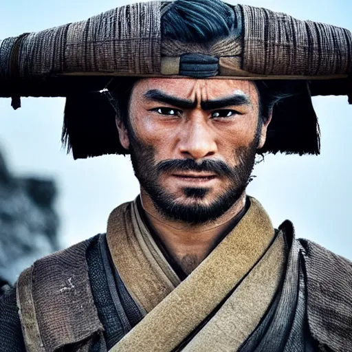 Image similar to handsome and strong kurdish samurai in a movie directed by christopher nolan, movie still frame, promotional image, imax 7 0 mm footage, perfect symmetrical facial features