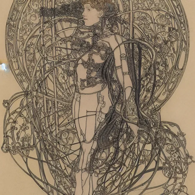 Prompt: beautiful, symmetric, art nouveau, detailed, intricate technical drawings on parchment from 1 8 4 0 with extensive written labels and covered in scribbled pencil notes in open space, for a humanoid drawing robot, by ron cobb and alphonse mucha