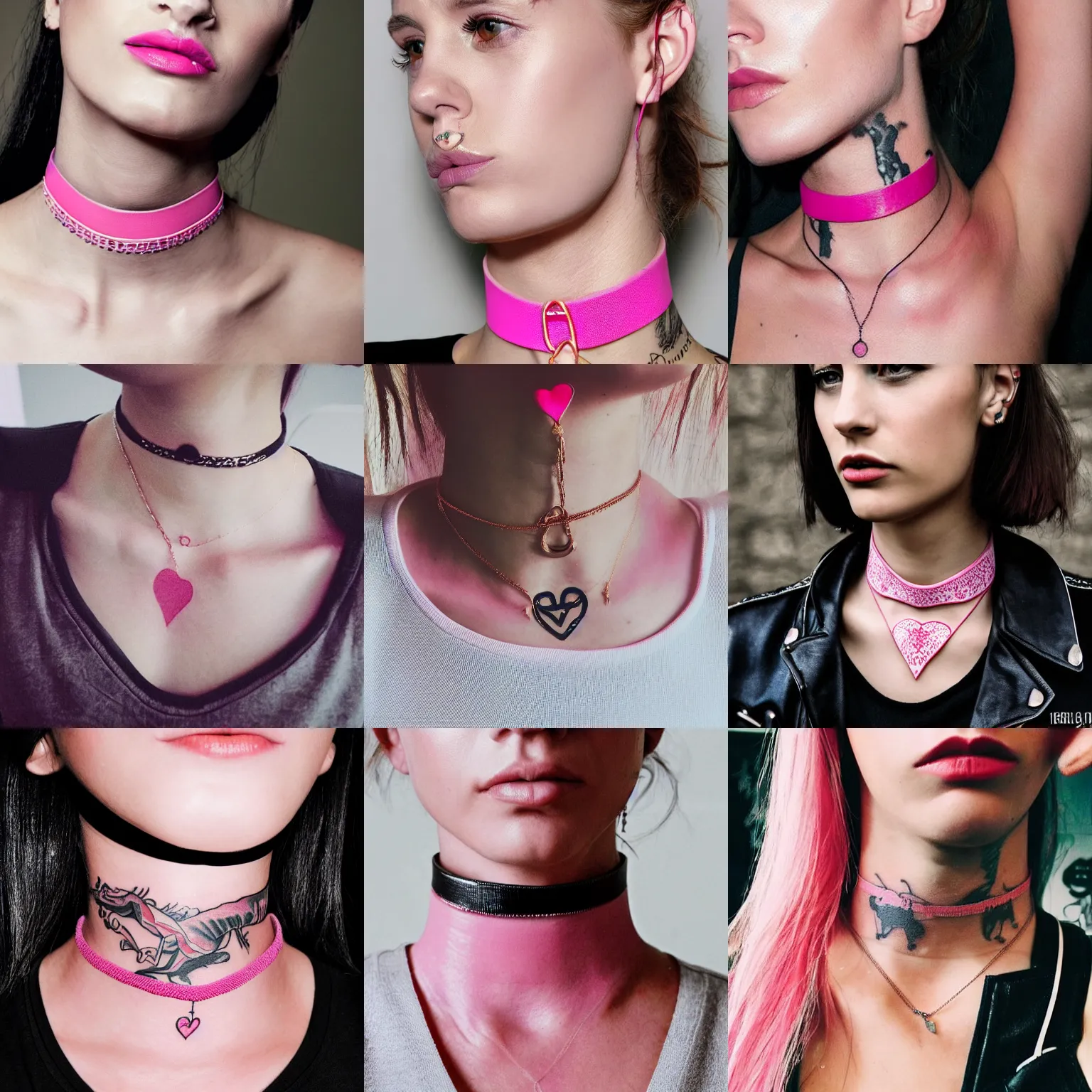 Prompt: straight neck, pink choker, tattoos