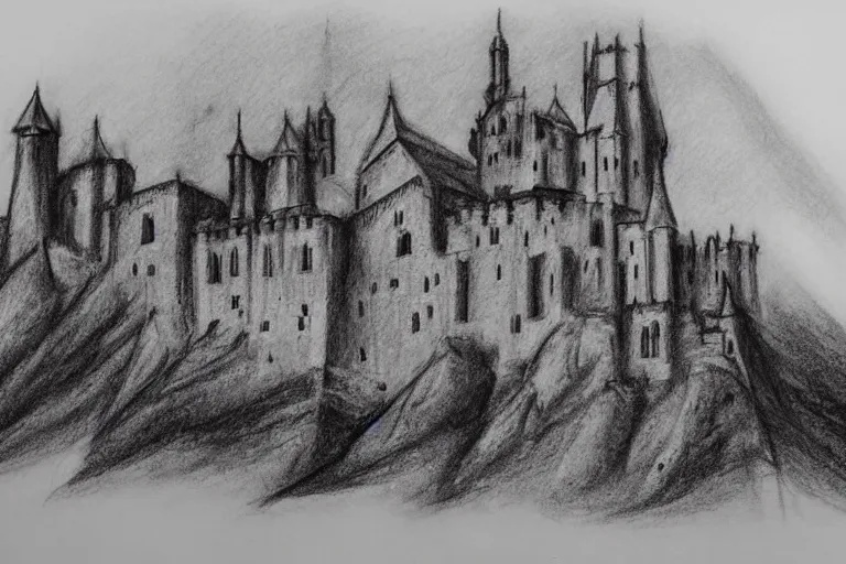 Prompt: an sketch of a castle on the hill of a mountain design by antoni gaudi, charcoal drawing, highly detailed, 8 k