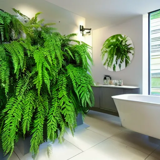 Prompt: an estate agent photo of a bathroom full of ferns, full of poison dart frogs, unreal engine