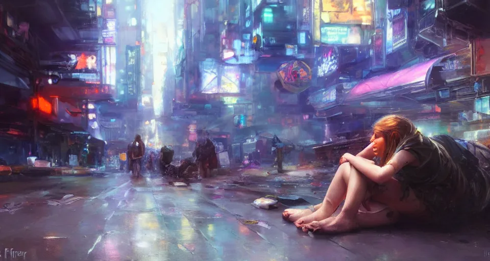 Prompt: girl sleeping on a road in a cyberpunk city. by Daniel F. Gerhartz, hyperrealistic oil painting, 4k, studio lightning