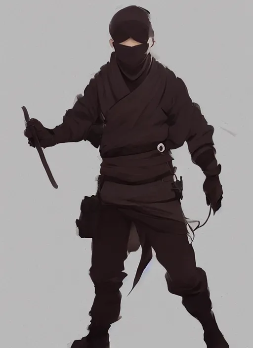 Image similar to a beautiful fullbody portrait of a cute male ninja by atey ghailan. artstation, pinterest, ambient occlusion, volumetric light, digital art, highly detailed, fine detail, complex fantasy character, rendered in octane