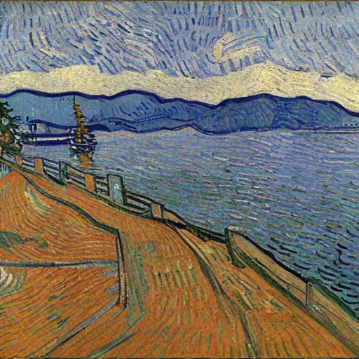 Image similar to Big bear lake California drawn by Vincent van Gogh, 8k