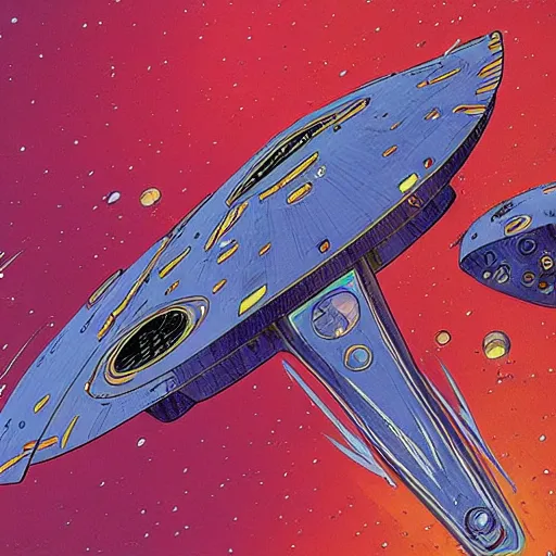 Image similar to the crew of the enterprise - d on the style of jean giraud moebius