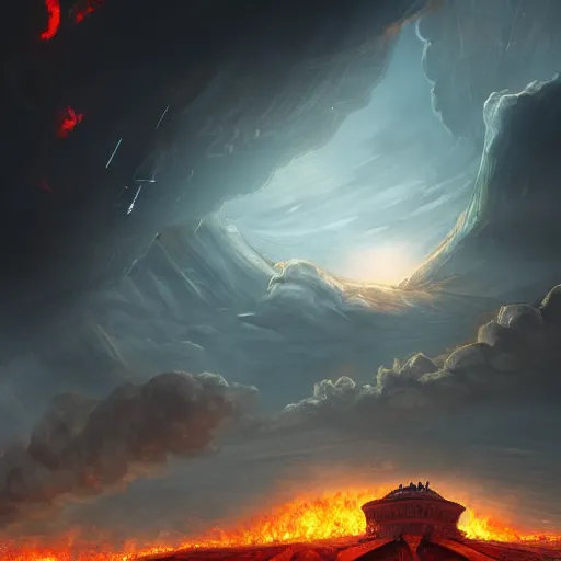 Image similar to an ancient city on fire, firestorm, a black sphere void in the center of the sky, stormy clouds, wide perspective, low perspective, burning village, highly detailed digital art, cinematic, dark moody colors, hyper realism, oil on canvas, trending on Artstation, octane render