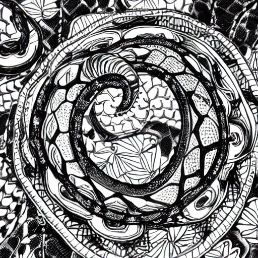 Image similar to detailed, black and white, a snake surrounded by lotus flowers and geometry