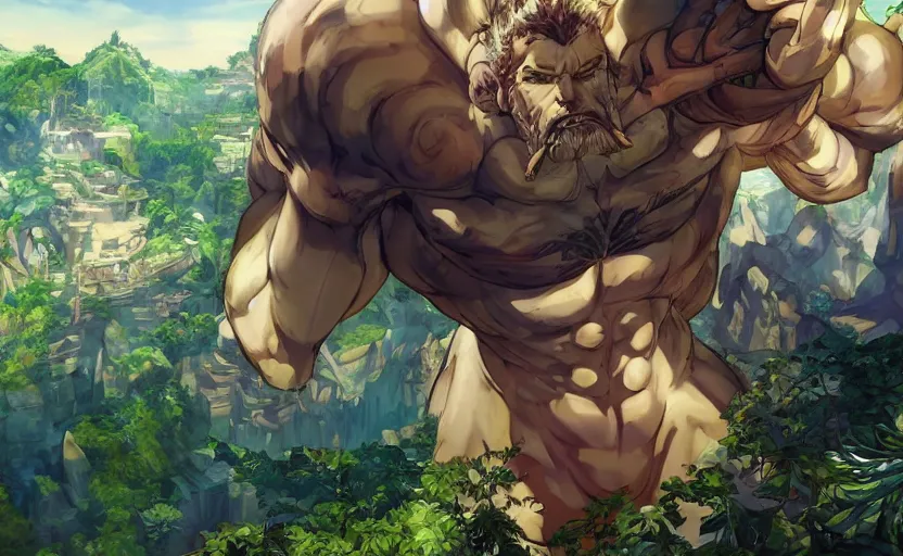 Prompt: portrait of a colossal god ruling over a small jungle village, digital painting masterpiece, advanced lighting technology, stylized yet realistic anatomy and face, gorgeous, by reiq and bengus and akiman and shigenori soejima and bastien vives and balak and michael sanlaville, 4 k wallpaper, cinematic, gorgeous brush strokes