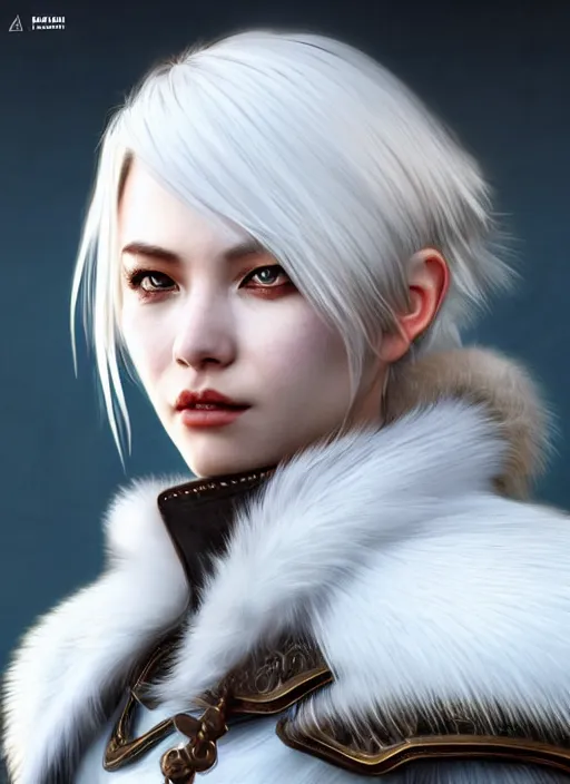 Image similar to warrior, fur leather armor!!! beautiful and elegant white hair female!! gorgeous ayes!! character concept art, sharp focus, octane render! unreal engine 5! highly rendered!! trending on artstation!! detailed linework!! illustration by artgerm, wlop, and chie yoshii