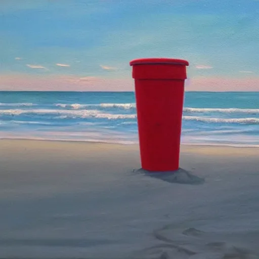 Image similar to an oil painting of a giant white styrofoam cup on the beach, the cup has red water unside of it, surrealism