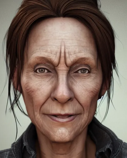 Image similar to portrait 6 0 - year - old woman, tall, severe - looking, with dark hair tied up in a bun, hyper realistic face, beautiful eyes, character art, art by mark brooks, hyperdetailed, cryengine, trending on artstation, digital art